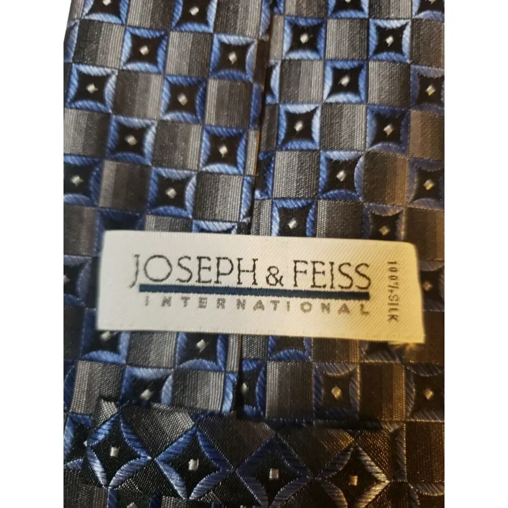 Joseph & Feiss Mens‎ Tie Necktie Designer Luxury Silver Blue Black Geometric